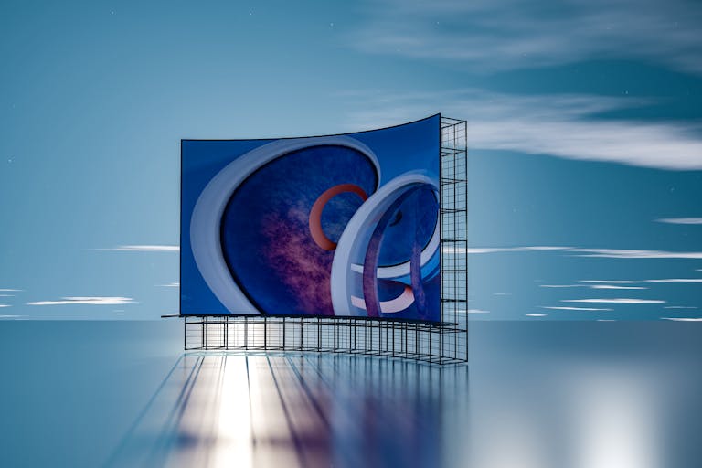 3D abstract digital display with curved shapes against a serene water and sky background.