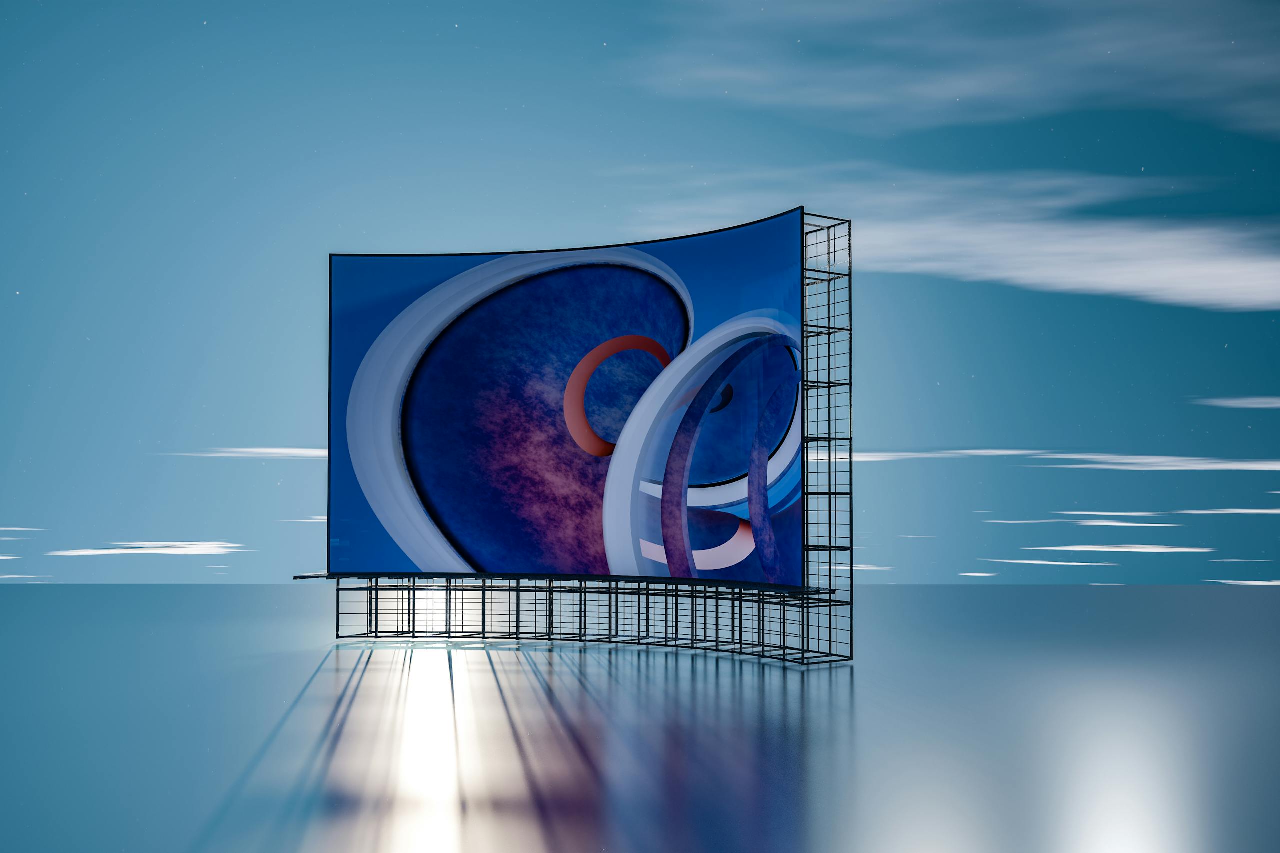 3D abstract digital display with curved shapes against a serene water and sky background.